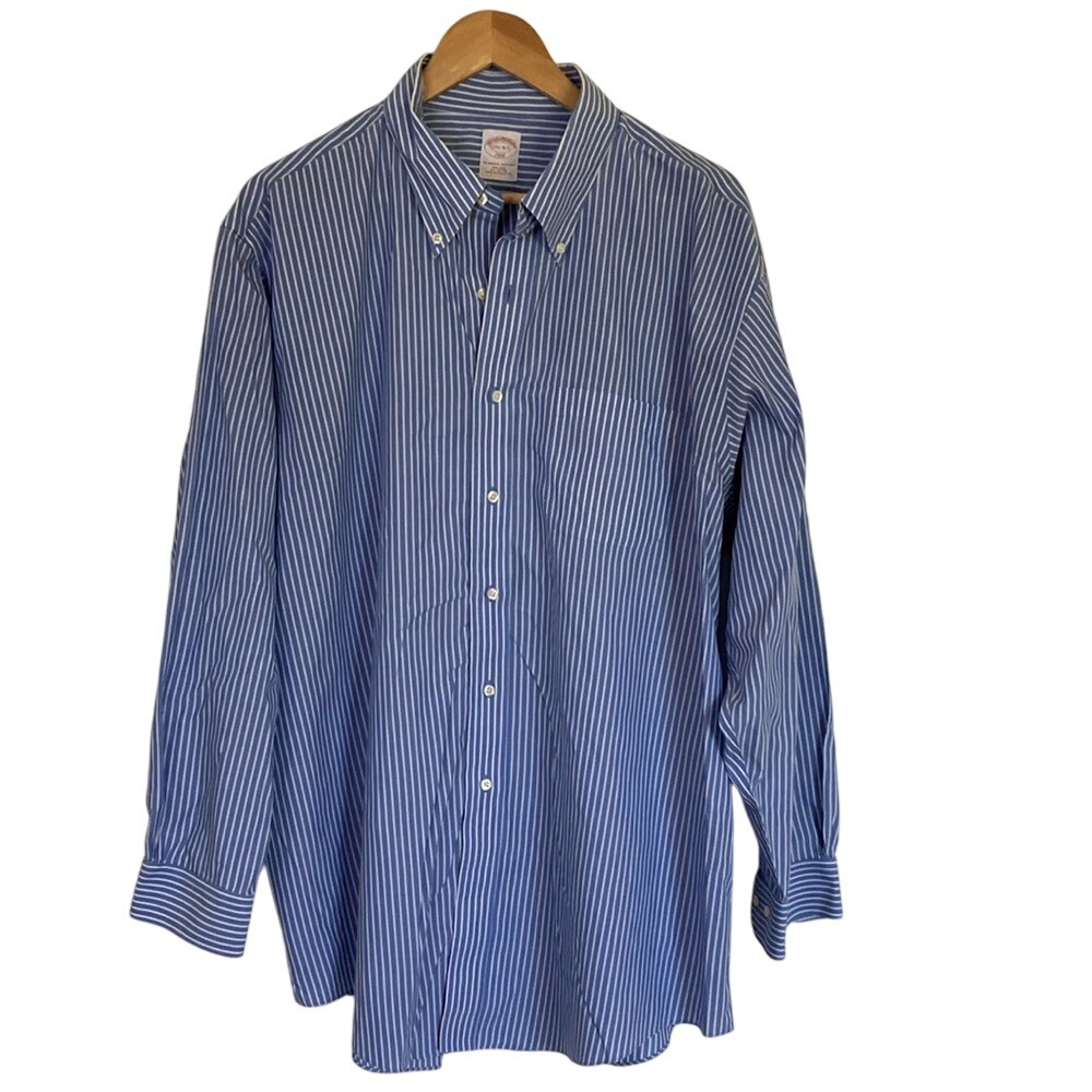 Brooks Brothers Mens Button Down Shirt Size 17.5 2XL Blue White Stripe Office